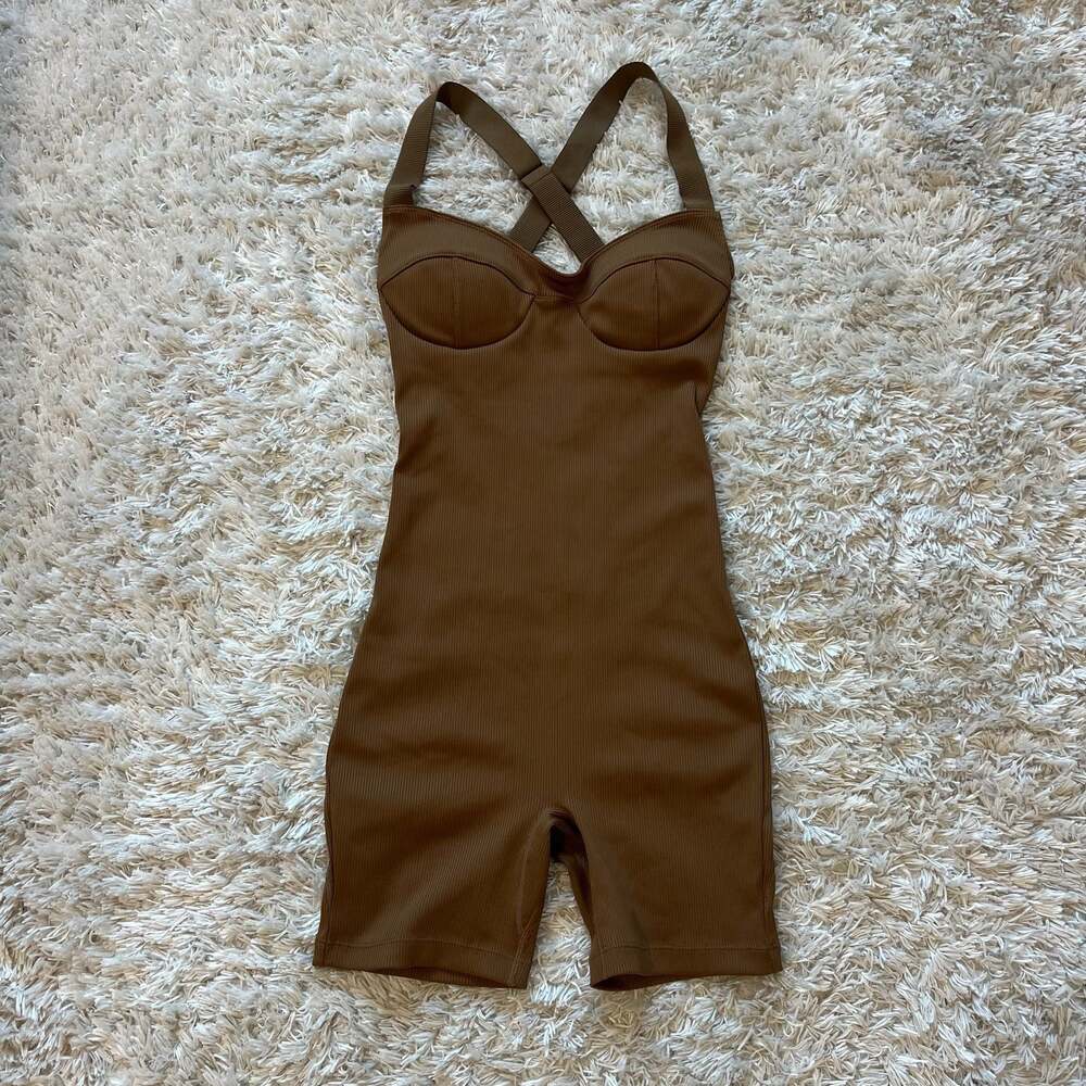 Nylora Kizzy Brown Ribbed Bodysuit Romper Workout Pilates Revolve Sz Small